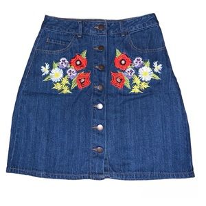 Twik | Button Up Denim Skirt | Dark Denim With Embroidered Flowers